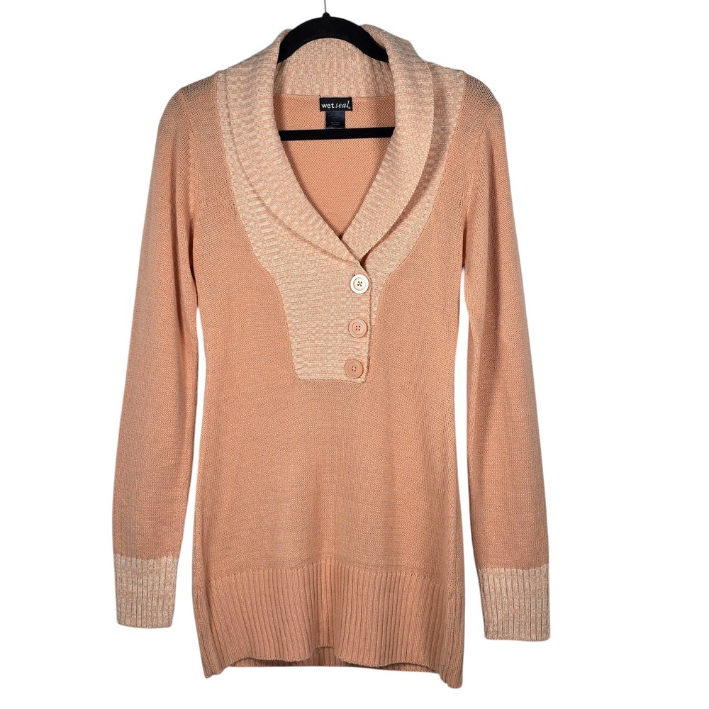 Wet Seal Y2K Sweater Women Large Peach Shawl Collar Button Pullover Longline